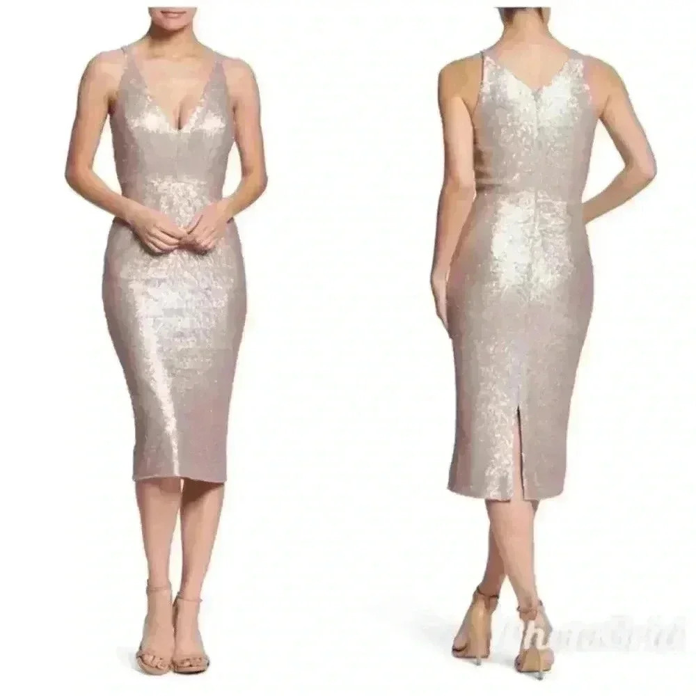 Dress The Population Bronze Sequined Sleeveless V Neck Tank Midi Dress Size M